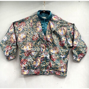 VTG 90s Rafael Satin Bomber Jacket M Shiny Floral Abstract Artsy Y2K Hip Hop 80s